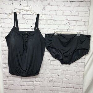 Lands End Swimsuit Tankini 2PC Women Plus Size Solid Black Built-in Bra Sz. 24W